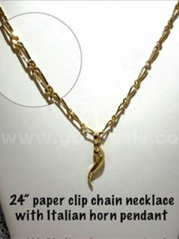 Magnificient, 24kt Gold Filled Italian Horn Pendant, W/24 Inch Paper Clip Chain