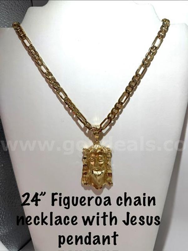 Breathtaking, 24kt Gold Filled, 24 Inch Figueroa Chain W/Large Jesus Pendant