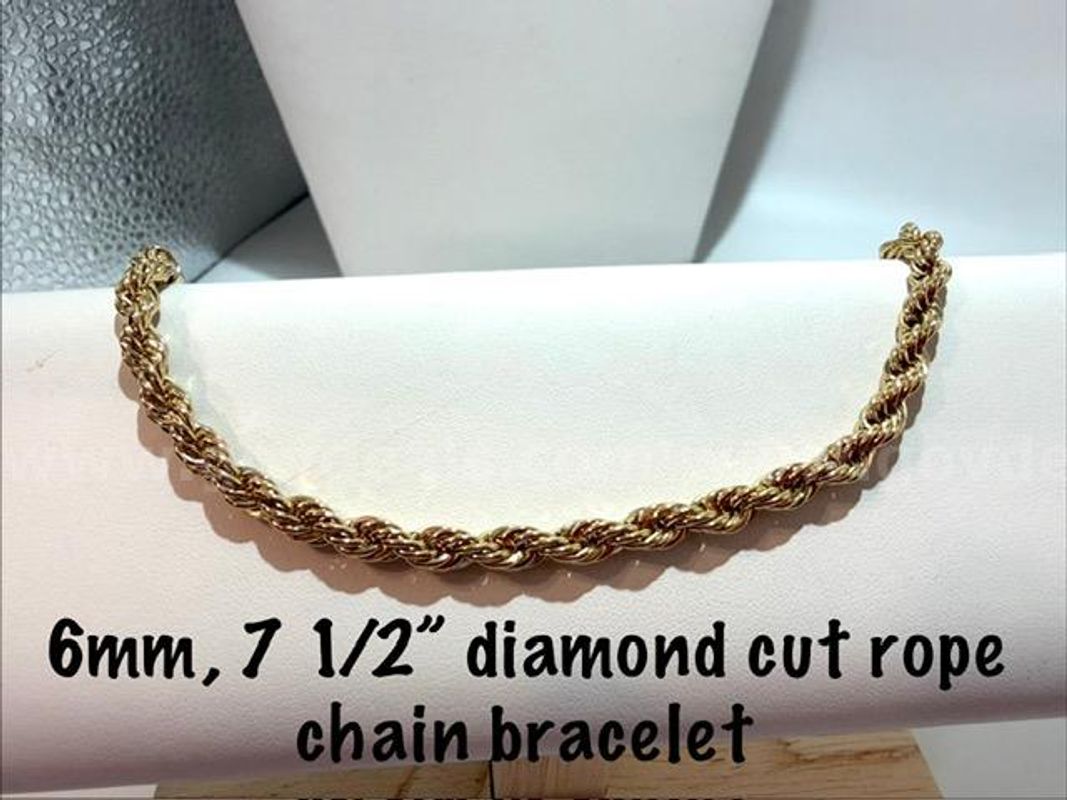 Stunning, 24kt Gold Filled, 7 1/2 Inch, 6MM Diamond Cut Rope Bracelet