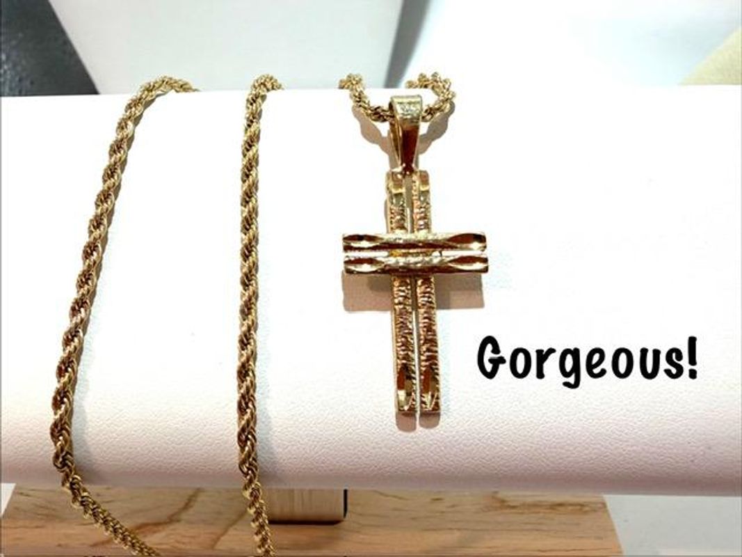 Adorable, 2MM, 24 Inch, 24kt Gold Filled, Diamond Cut Rope Chain, W/Cross Pendant