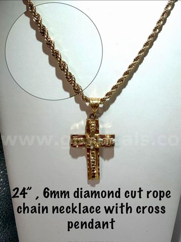 Stunning, 24 Inch, 24kt Gold Filled, 6MM, Diamond Cut Rope Necklace W/Cross Pendant