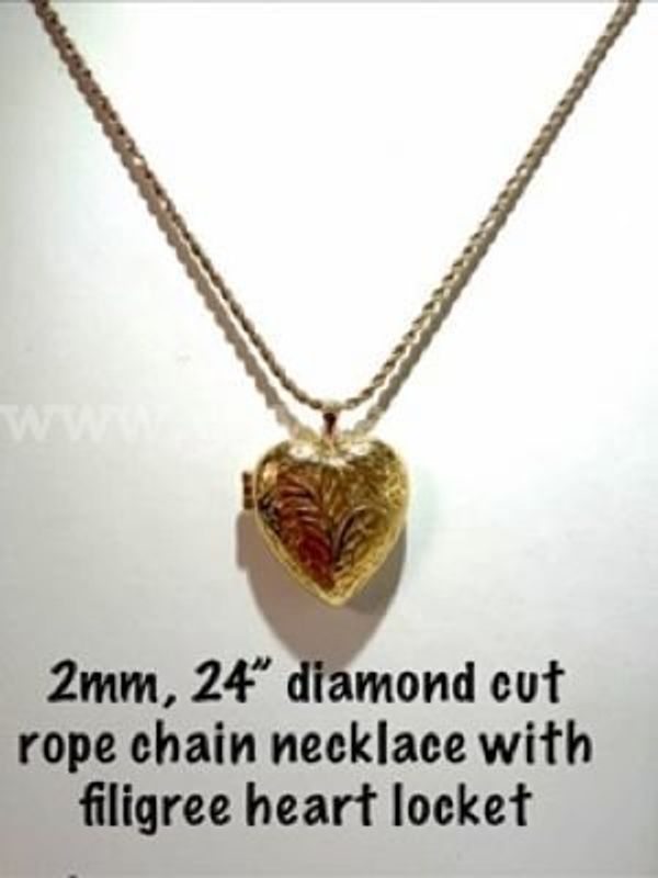 Exquisite, 24kt Gold Filled, 2MM, 22 Inch, Diamond Cut Rope Necklace W/Filigree Heart Locket Pendant