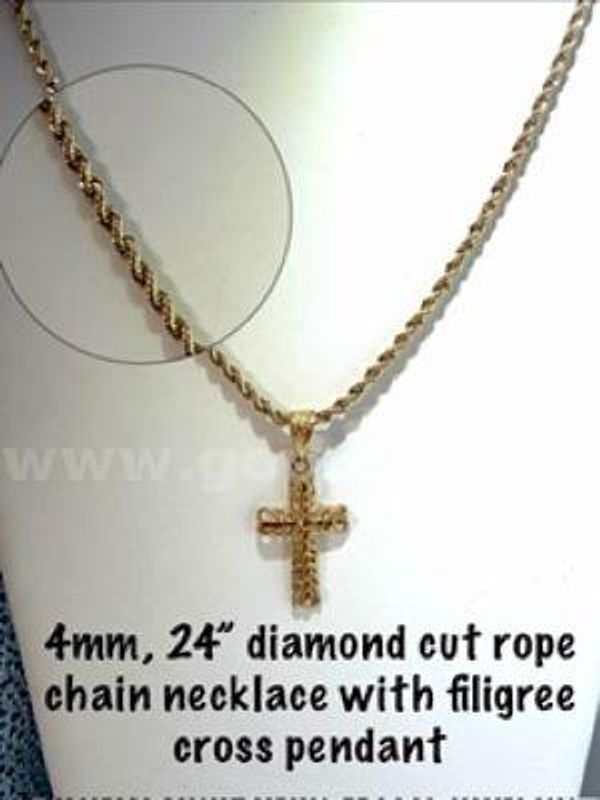 Magnificient, 4MM, 24 Inch, Diamond Cut, 24kt Gold Filled, Rope Chain W/Filigree Cross Pendant