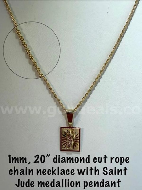 Lovely, 1MM, 20 Inch, Diamond Cut, 24kt Gold Filled, Rope Chain, W/St Jude Medallion Pendant