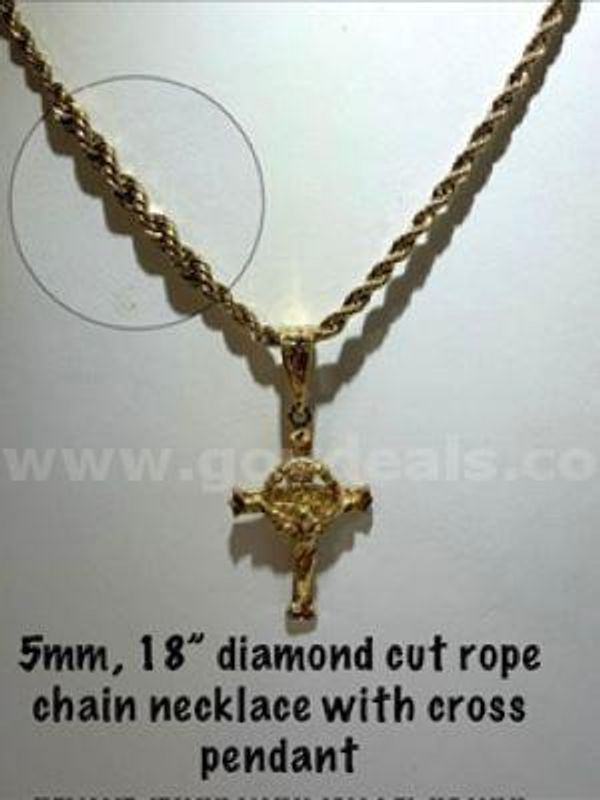 Stunning, 5MM, 18”, 24kt Gold Filled, Diamond Cut Rope Chain W/Cross Pendant