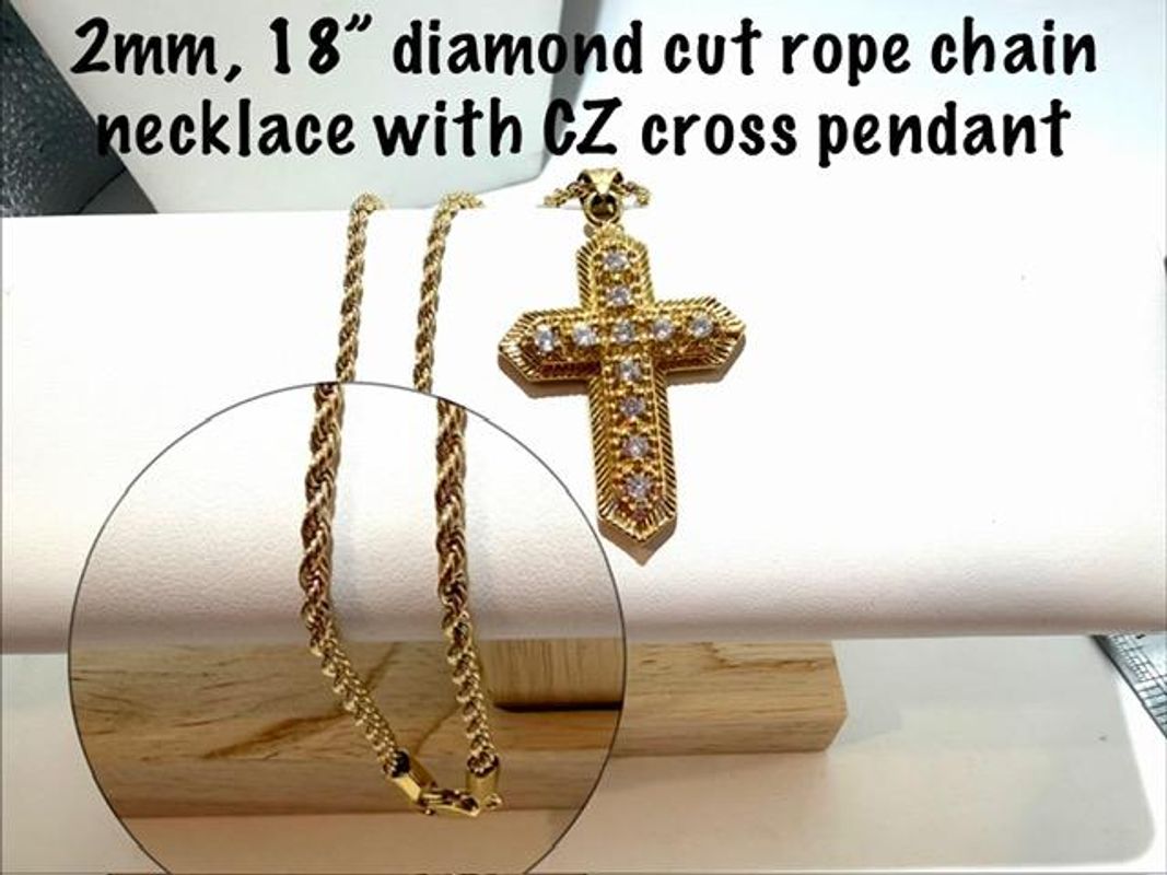 Danity, 2MM, 18 Inch, 24kt Gold Filled, Diamond Cut Rope Chain CZ Diamond Cross Pendant