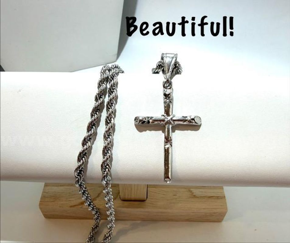 Radiant, Rhodium Filled (Silver Color), 6MM, 20 Inch, Diamond Cut Rope Chain W/Cross Pendant