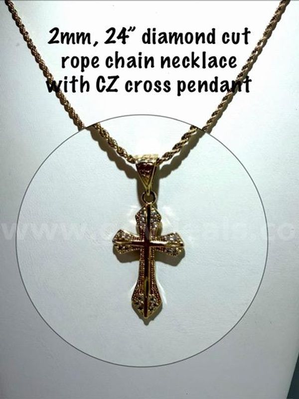 Stunning, 24 Inch, 2MM, 24kt Gold Filled, Diamond Cut Rope Chain W/CZ Diamond Cross Pendant