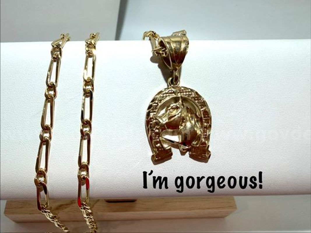 Beautiful, 24kt Gold Filled, 22 Inch, Paper Clip Necklace W/Western Horse Pendant