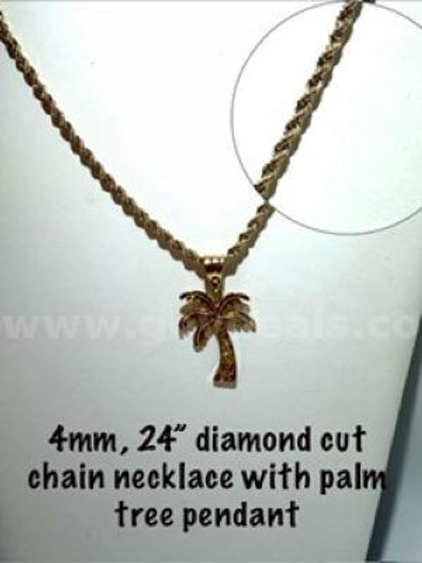 Dazzling, 24", 4MM, Diamond Cut, 24kt Gold Filled, Rope Chain W/Palm Tree Pendant