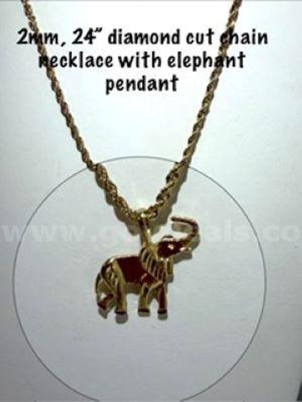 Adorable, 2MM, 24 Inch, Diamond Cut, 24kt Gold Filled, Rope Chain W/Elephant Pendant