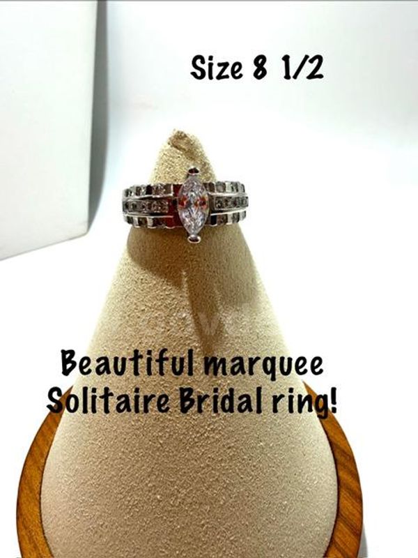Ladies, Size 8 1/2, Rhodium Filled (silver), Marquee CZ Diamond Solitaire Bridal Ring W/Accents