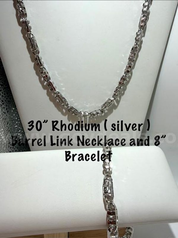 Radiant, Rhodium Filled (silver), 2 PC, Necklace & Bracelet Set. 30" Barrel Link Chain & 8" Barrel Link Bracelet
