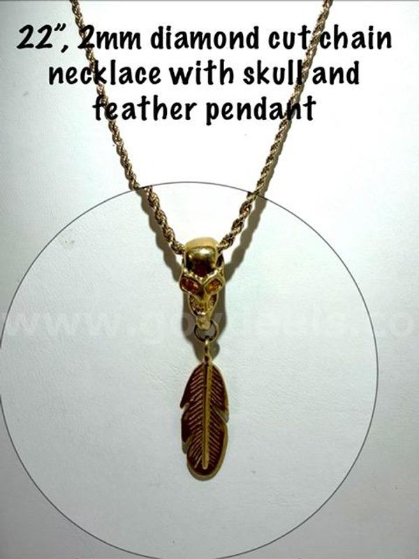Unique, 2MM, 22” Diamond Cut, 24kt Gold Filled, Rope Chain W/Skull Feather Pendant