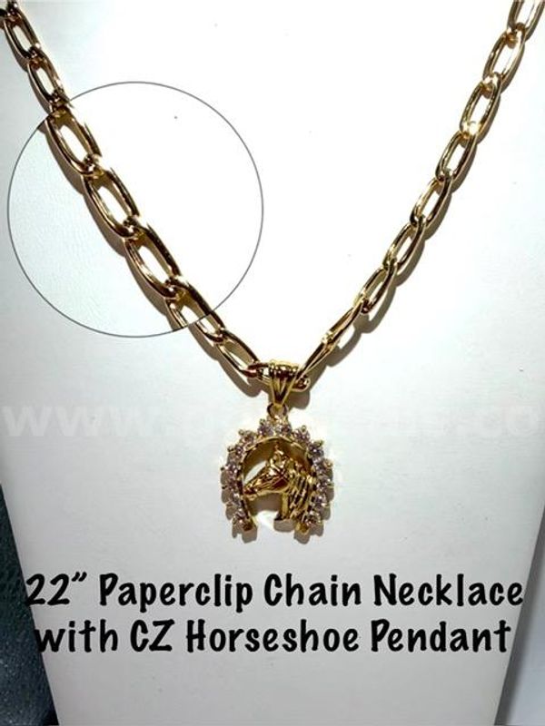 Stunning, 24kt Gold Filled, 22 Inch, Thick Paper Clip Chain W/CZ Diamond Horse Pendant