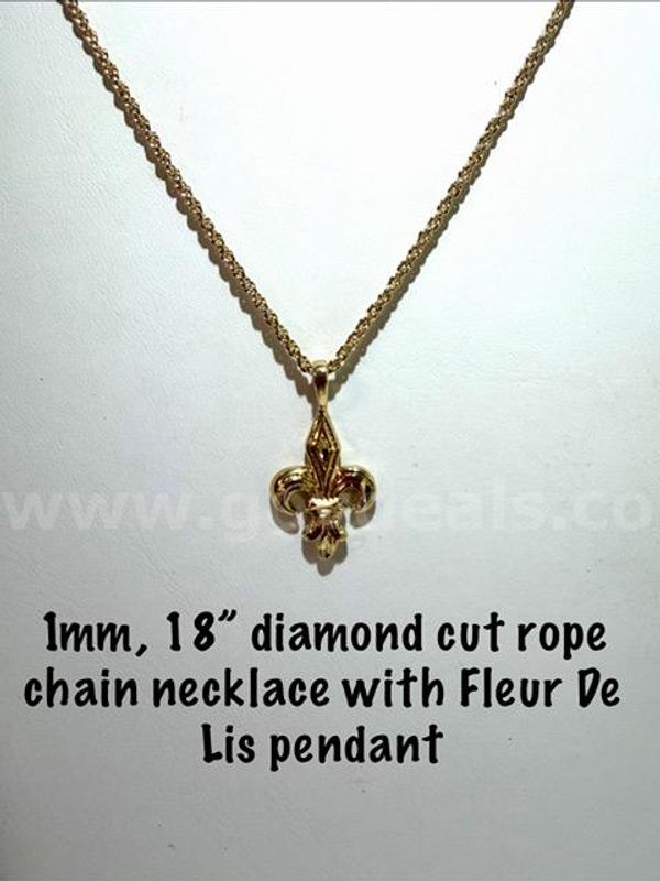 Lovely, 1MM, 24kt Gold Filled, 18”, Diamond Cut Chain, W/Fleur De Lis Pendant
