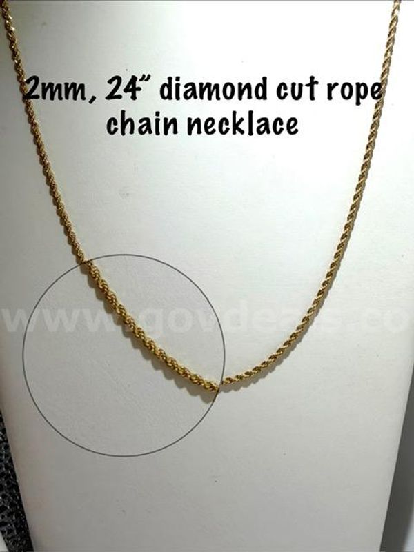 Dazzling, 2MM, 24 Inch, 24kt Gold Filled Diamond Cut Rope Necklace