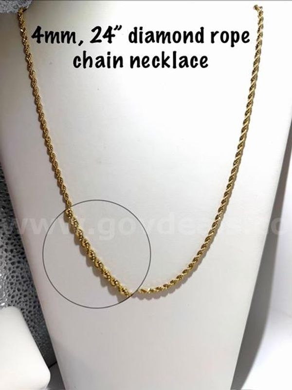 Gorgeous, 4MM, 24 Inch, 24kt Gold Filled, Diamond Cut Rope Chain Necklace
