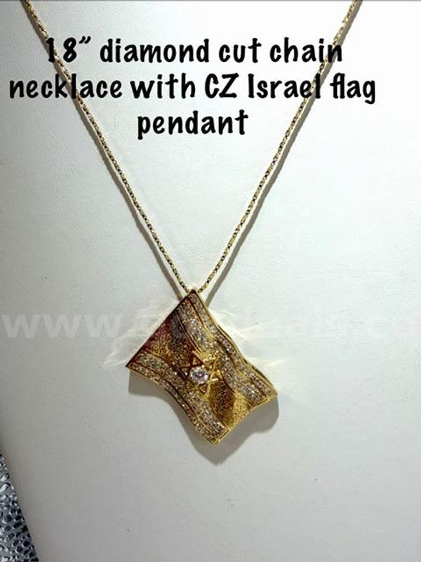 Gorgeous, 18 Inch, 24kt Gold Filled, Diamond Cut Necklace W/CZ Israel Flag Pendant
