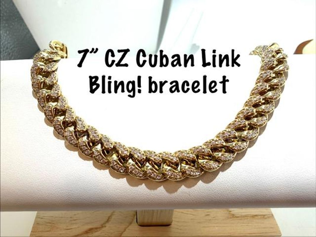 Stunning, 24kt Gold Filled, 7 Inch, CZ Multi-Diamond Bling Cuban Link Bracelet