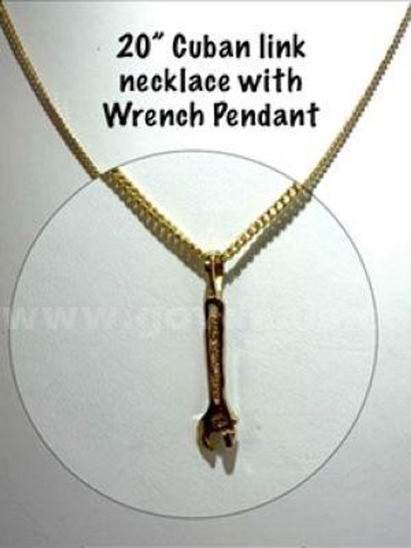 Unique, 20 Inch, 24kt Gold Filled, Cuban Link Chain W/Diamond Cut Wrench Pendant