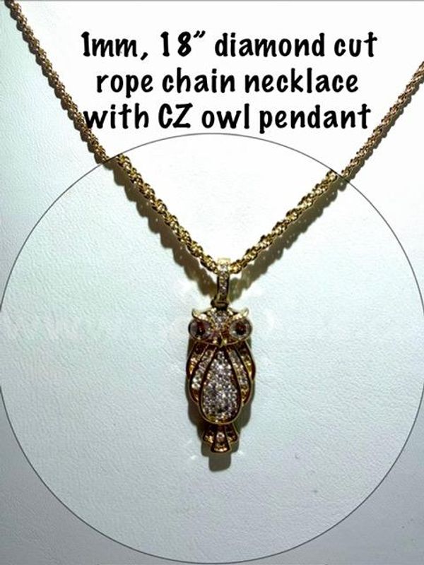Stunning, 1MM, 18 Inch, 24kt Gold FIlled, Diamond Cut Rope Chain W/CZ Diamond Owl Pendant
