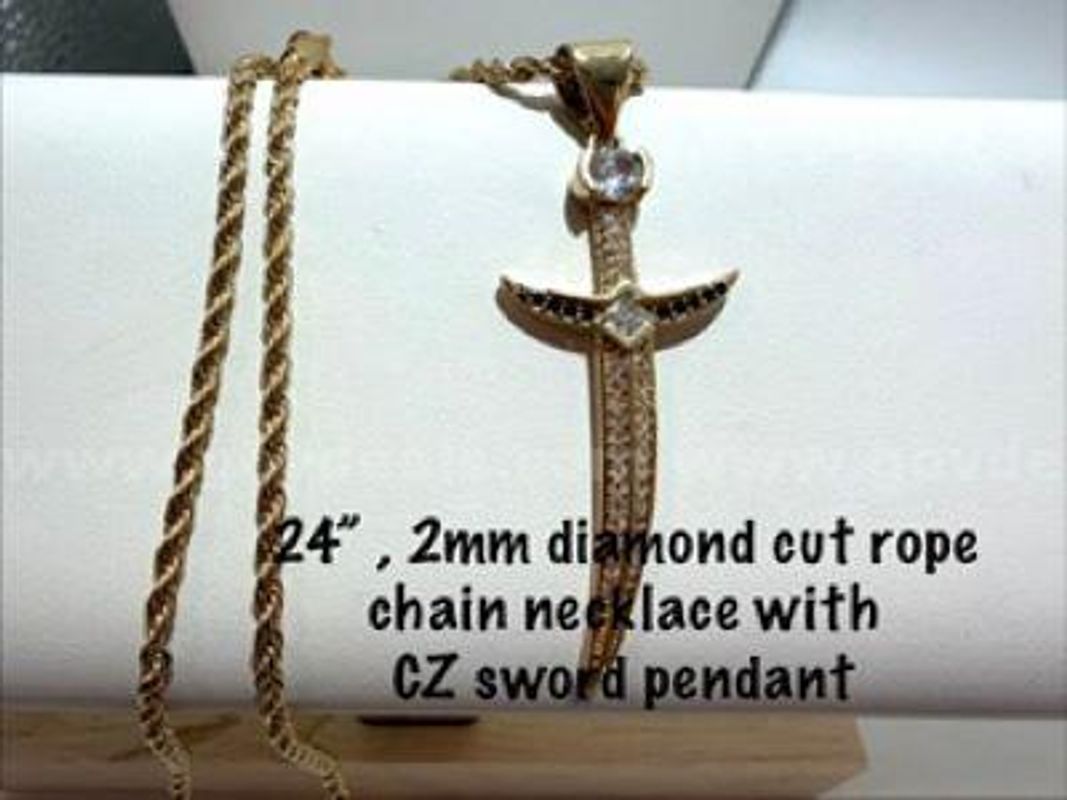 Magnificient, 2MM, 24”, 24kt Gold Filled, Diamond Cut Rope Chain, W/CZ Sword Pendant