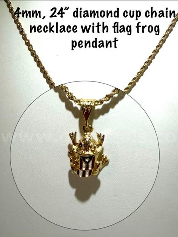 Adorable, 4MM, 22 Inch, 24kt Gold Filled, Diamond Cut Rope Chain W/Puerto Rico Flag Frog Pendant