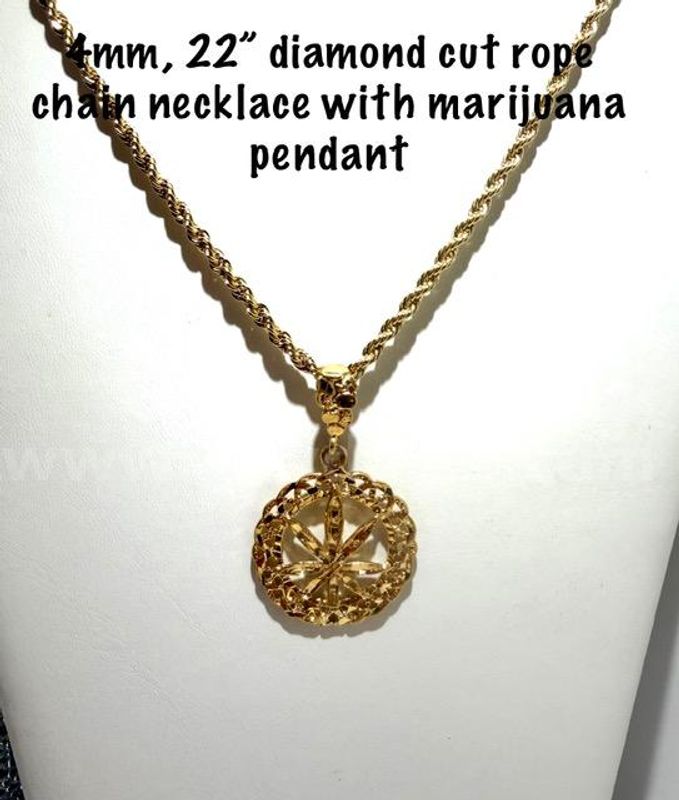 Unique, 4MM, 22”, 24kt Gold Filled, Diamond Cut Rope Chain, W/Marijuana Leaf Pendant