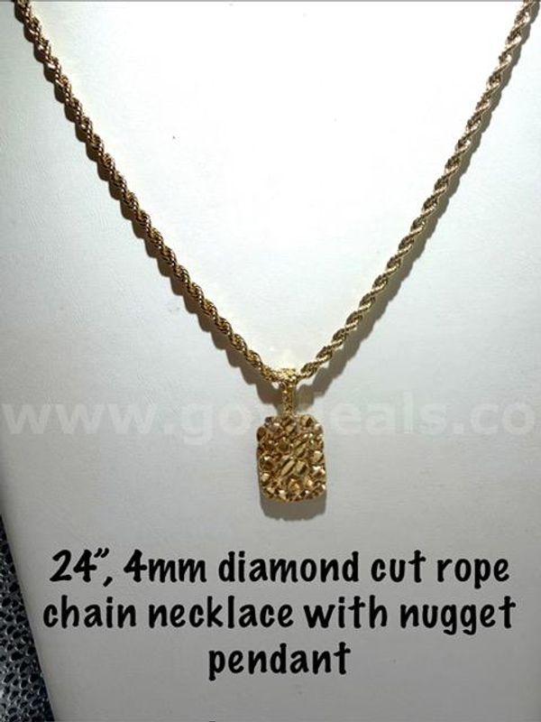 Gorgeous, 4MM, 24 Inch, 24kt Gold Filled, Diamond Cut Rope Chain W/Nugget Pendant