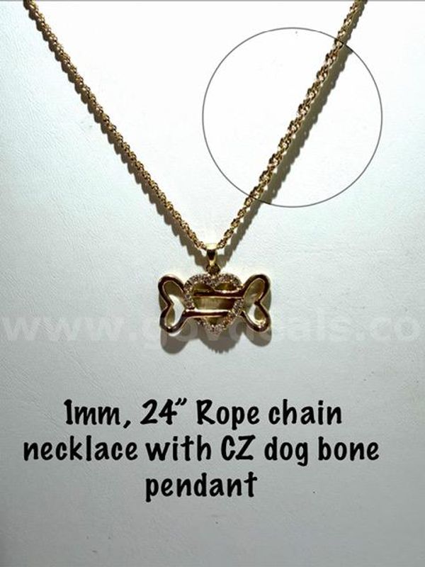 1MM, 24 Inch, Gorgeous, 24kt Gold Filled, Diamond Cut Rope Chain W/CZ Dog Bone Pendant