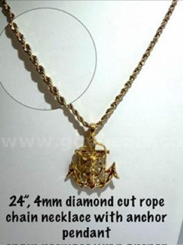 Beautiful, 4MM, 24”, 24kt Gold Filled, Diamond Cut Rope Necklace W/Anchor Pendant