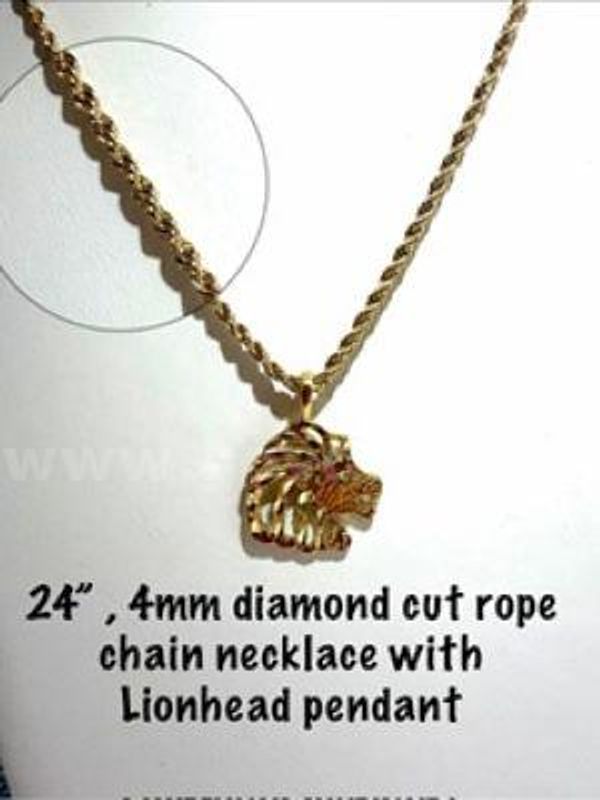 Gorgeous, 4MM, 24 Inch, 24kt Gold Filled, Diamond Cut Rope Chain W/Lions Head Pendant