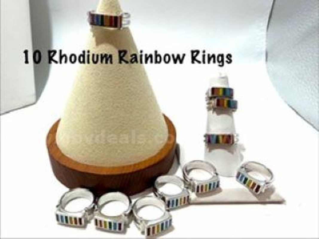 Lot of (10) Rhodium Filled, (silver), Rainbow Rings (Assorted Sizes)