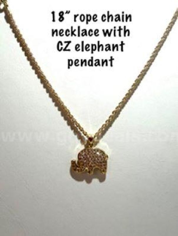 Exquisite, 1MM, 18 Inch, 24kt Gold Filled, Diamond Cut Rope Necklace W/CZ Elephant Pendant