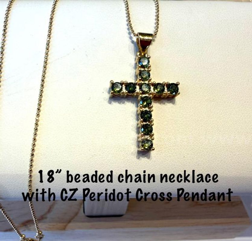 Lovely, 18 Inch, Beaded 24kt Gold Filled Chain W/CZ Peridot Cross Pendant