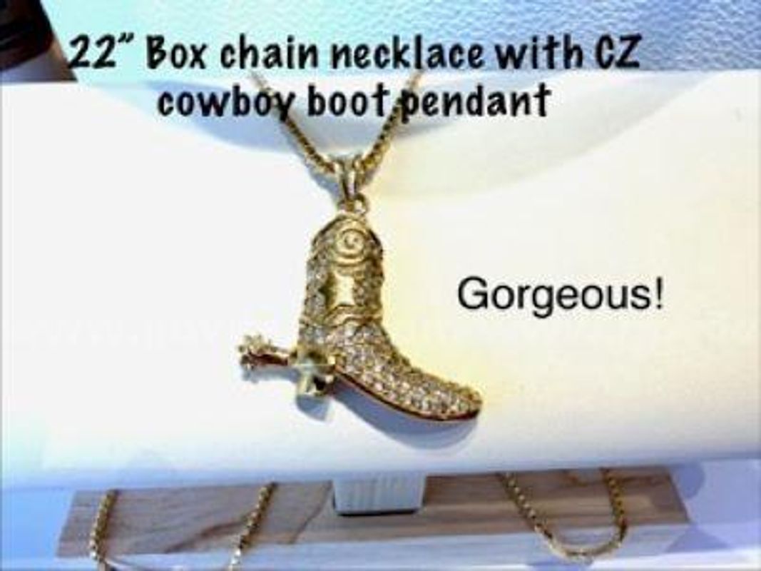 Beautiful, 22 Inch, 24kt Gold Filled Box Chain Necklace W/CZ Cowboy Boot Pendant