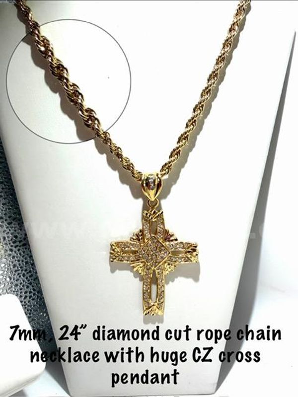 Breathtaking, 7MM, 24 Inch, 24kt Gold Filled, Diamond Cut Rope Chain W/Large CZ Diamond Cross Pendant
