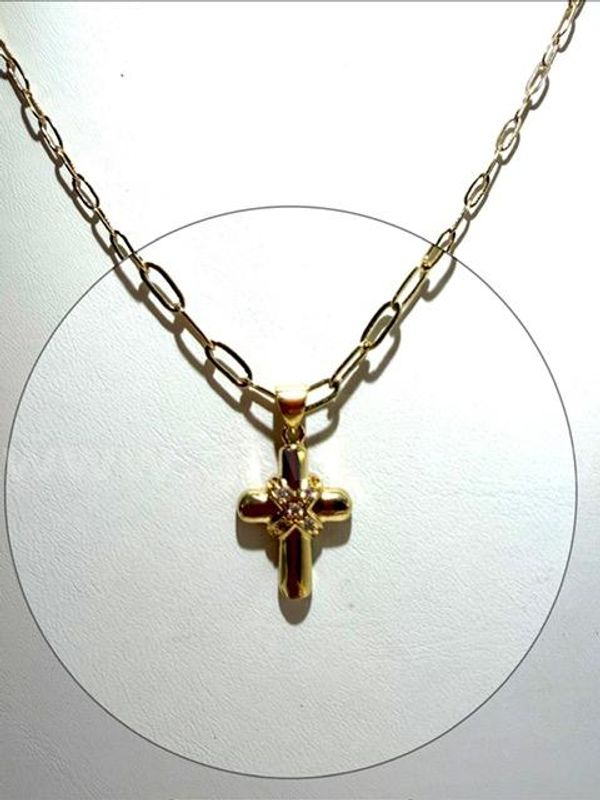 Lovely, 18 Inch, 24kt Gold Filled, Paper Clip Necklace CZ Diamond Cross Pendant