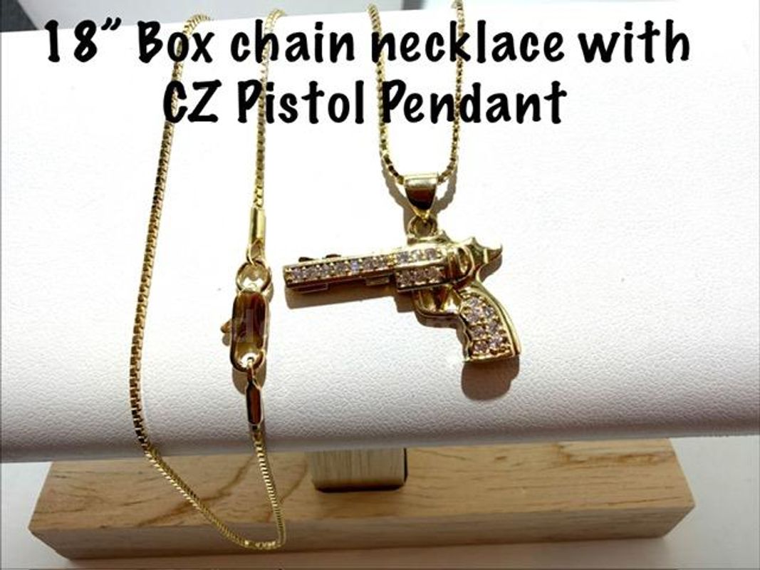 Unique, 18 Inch, 24kt Gold Filled, Box Chain Necklace, CZ Diamond Pistol Pendant
