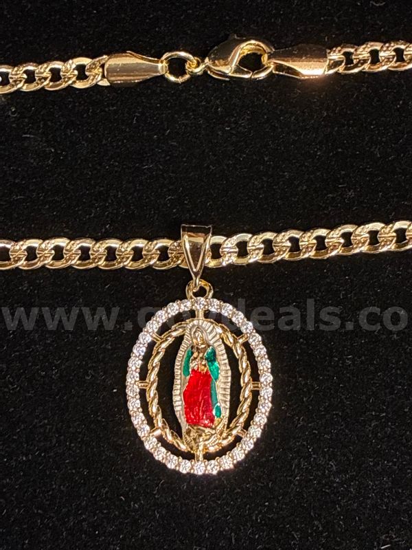 Beautiful, 16 Inch, 18K Gold Filled Cuban Chain Necklace W/ Lady of Guadalupe CZ Pendant.