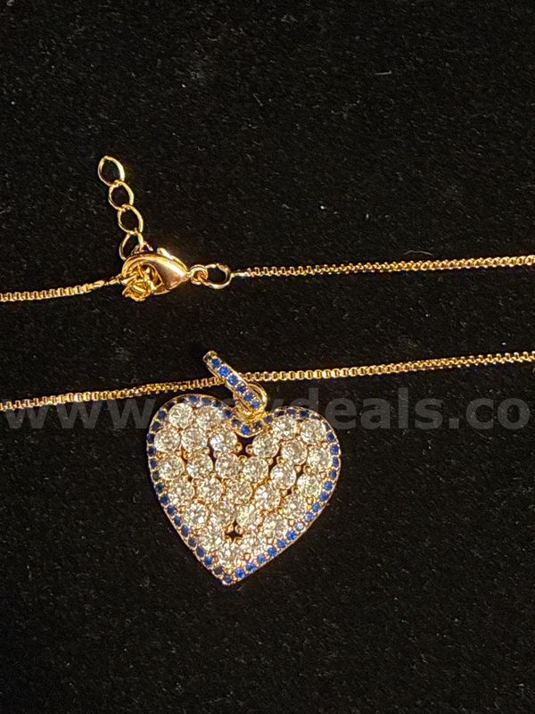 Beautiful, 18K Gold Filled , Sapphire and Diamond CZ Heart Pendant W/ 17+” Dainty Chain.