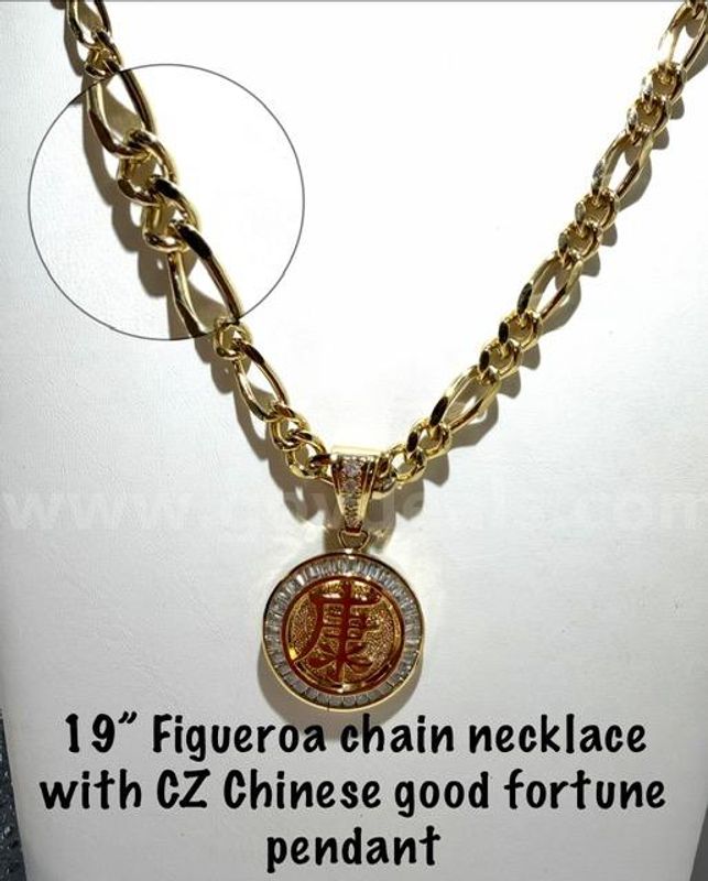 Gorgeous, 19 Inch, 24kt Gold Filled, Figueroa Chain W/CZ Diamond Chinese Good Fortune Pendant