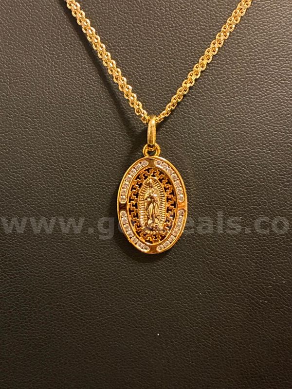 Beautiful , 18K Gold Layered, 22” Elegant Necklace W/ Lady of Guadalupe CZ Pendant.