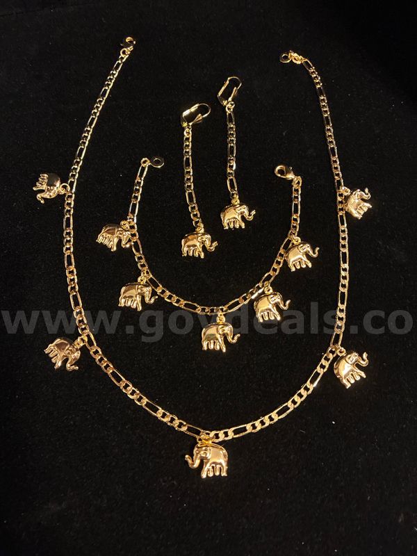 Beautiful , 18K Gold Layered, Elephant Jewelry Set, 17” Necklace, 7.5” Bracelet, and Dangling Earrings.