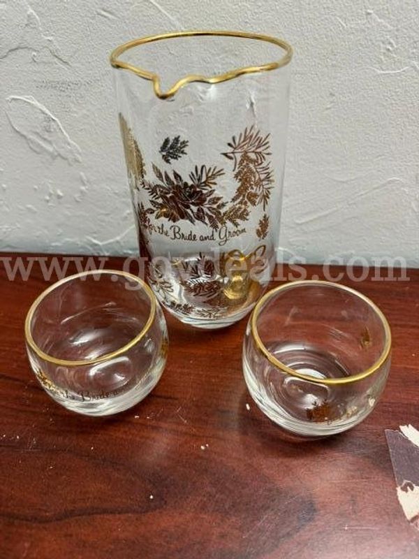 Vintage Three-Piece, Pitcher, & Cups, Metallic Bride/Groom Glassware Set