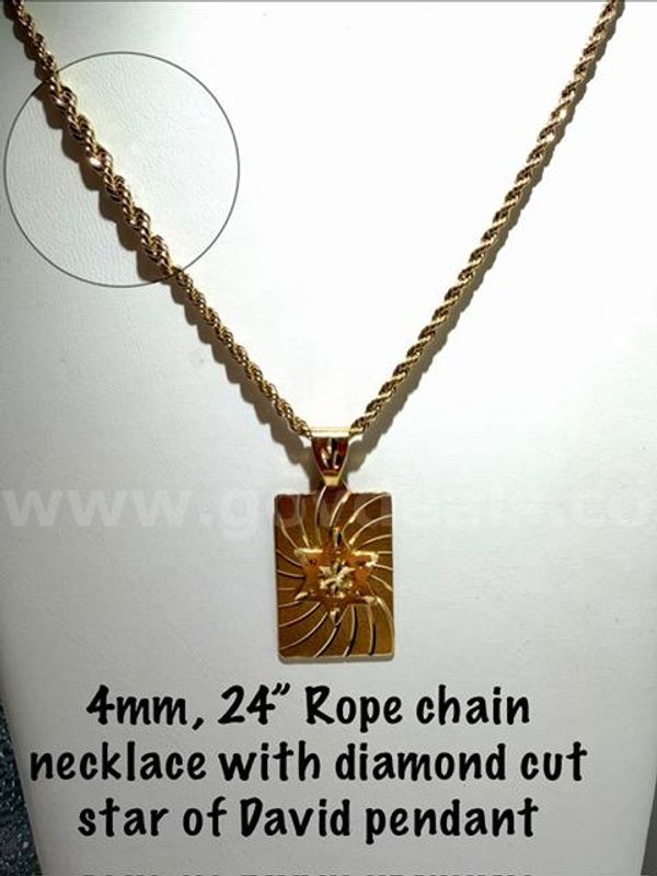 Dazzling, 4MM, 24 Inch, Diamond Cut, 24kt Gold Filled Rope Chain W/Diamond Cut Star of David Pendant