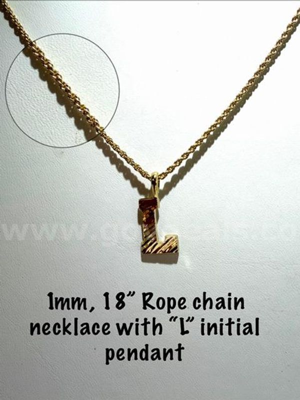 Lovely, 24kt Gold Filled, 1MM, 18 Inch Rope Necklace W/"L" Initial Pendant
