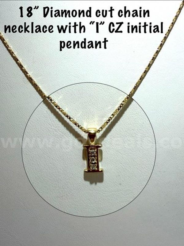 Beautiful, 24kt Gold Filled, CZ Diamond "I" Initial Pendant W/18 Inch Diamond Cut Chain Necklace