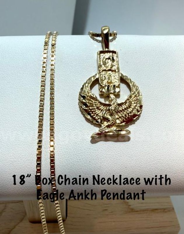 Gorgeous, 24kt Gold FIlled, 18 Inch Box Chain W/Eagle Ankh Pendant